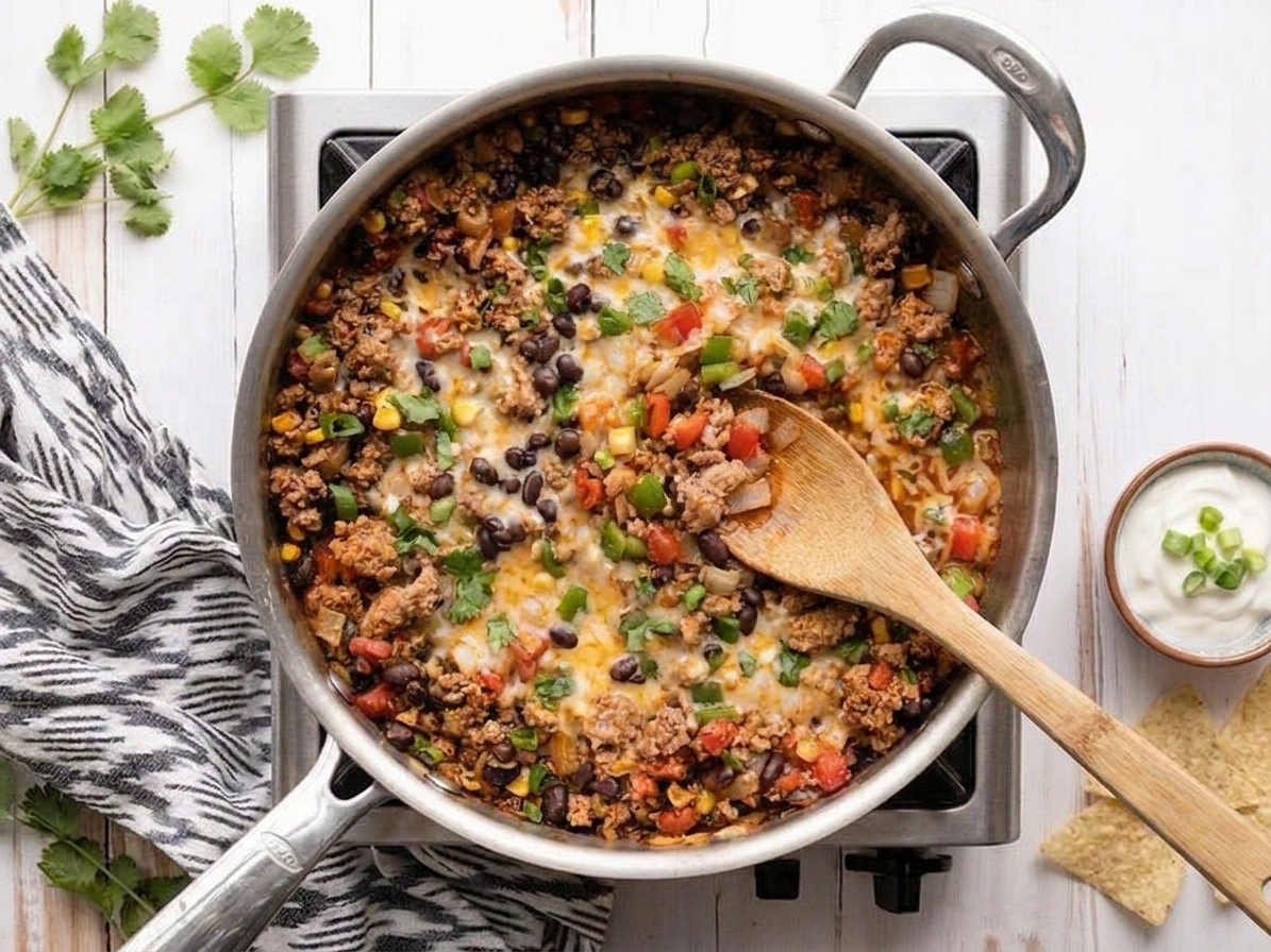 Turkey taco skillet topped with melted shredded cheese and chopped cilantro in a pan