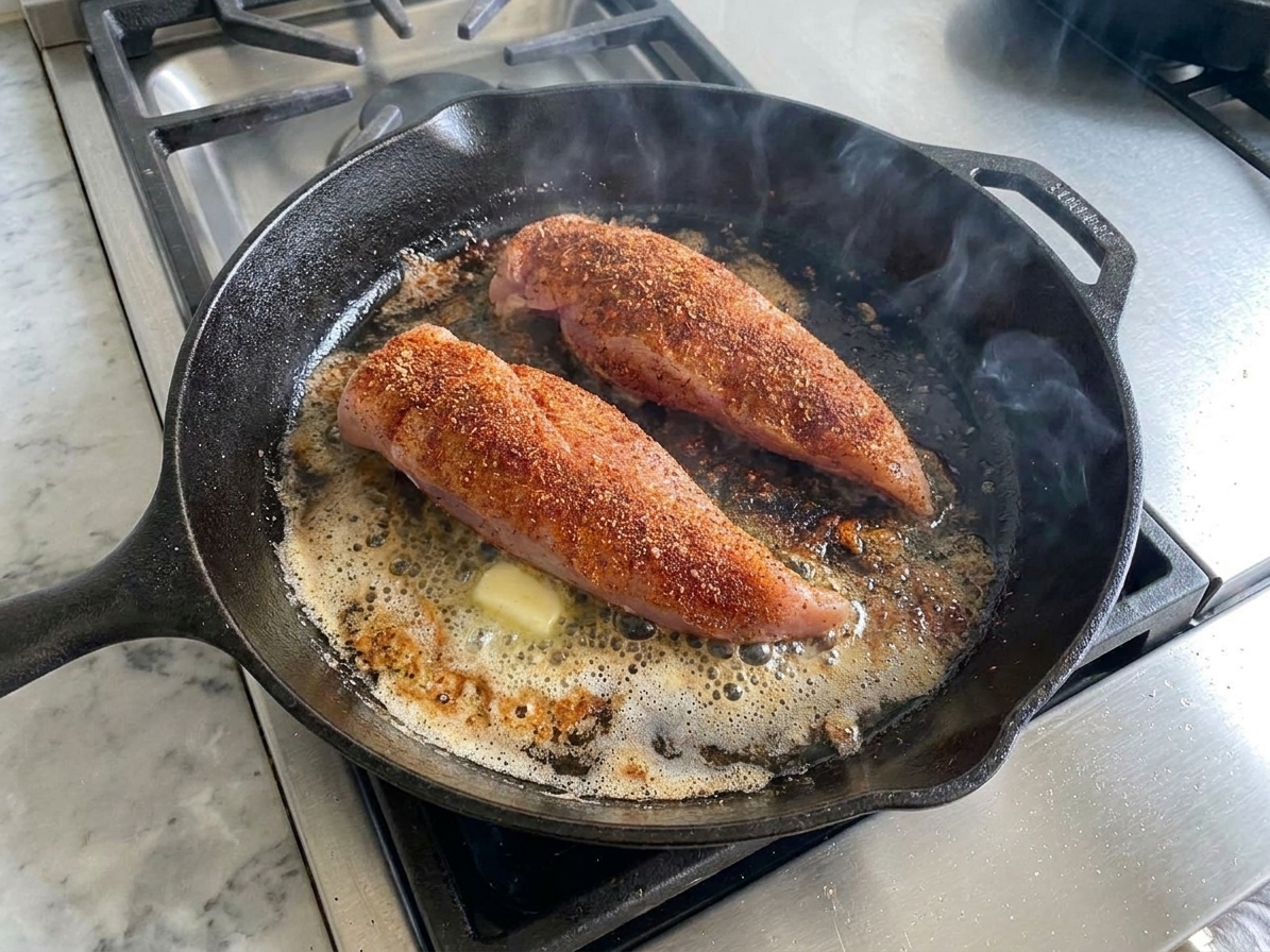 Turkey tenderloins browning in a cast iron skillet with sizzling butter on a stovetop