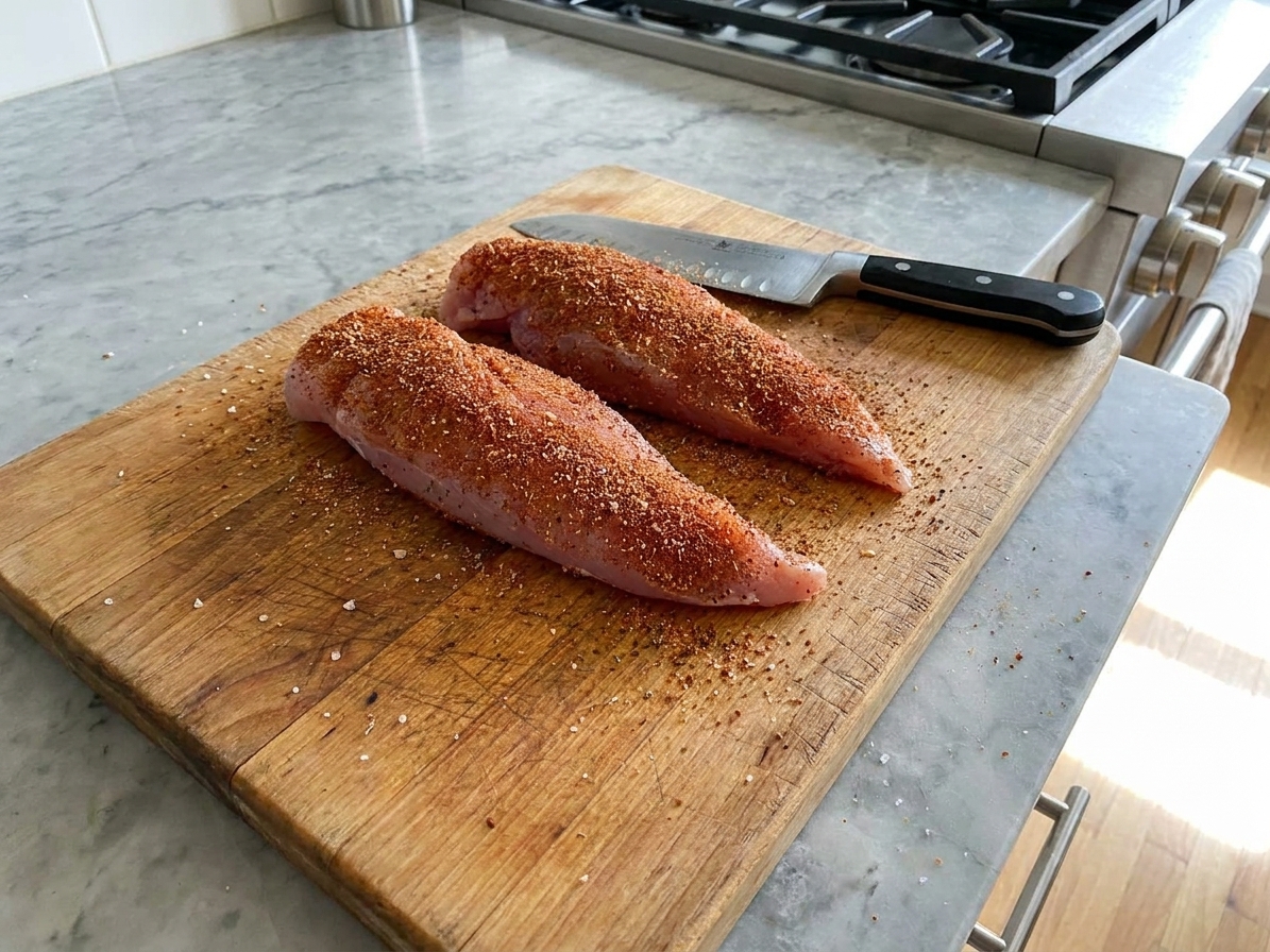 Turkey tenderloins coated in a garlic herb spice rub on a cutting board, ready to be seared