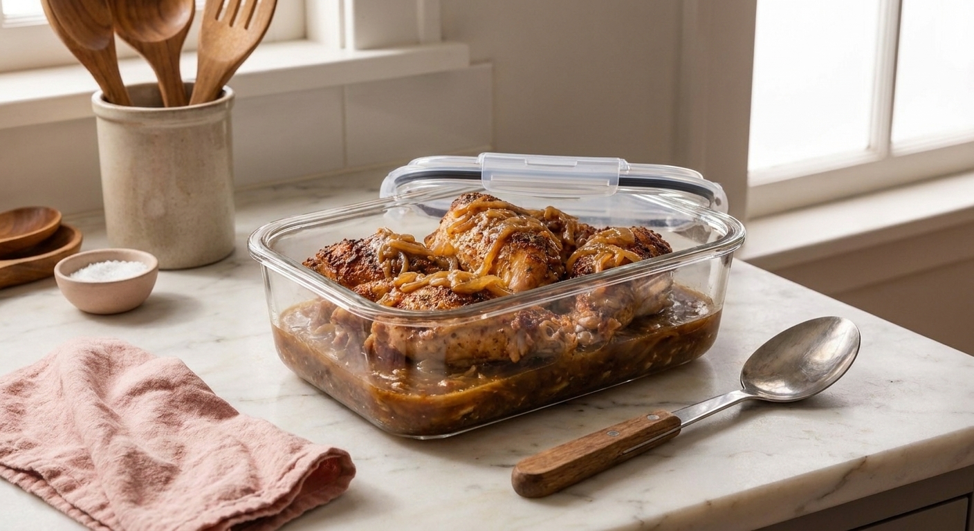 Turkey wings and gravy stored in a clear airtight container on a kitchen counter with a spoon nearby