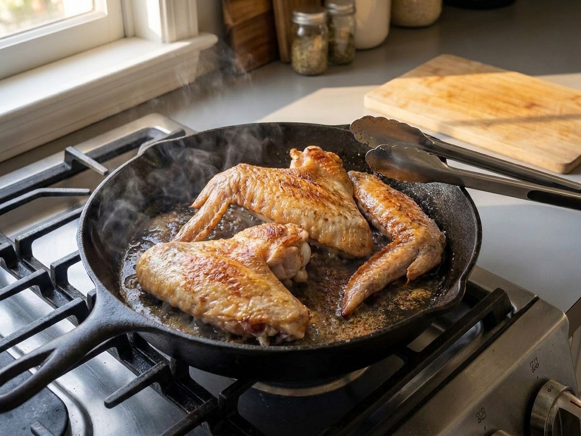 Turkey wings browning in a cast iron skillet on a stovetop with tongs resting on the rim