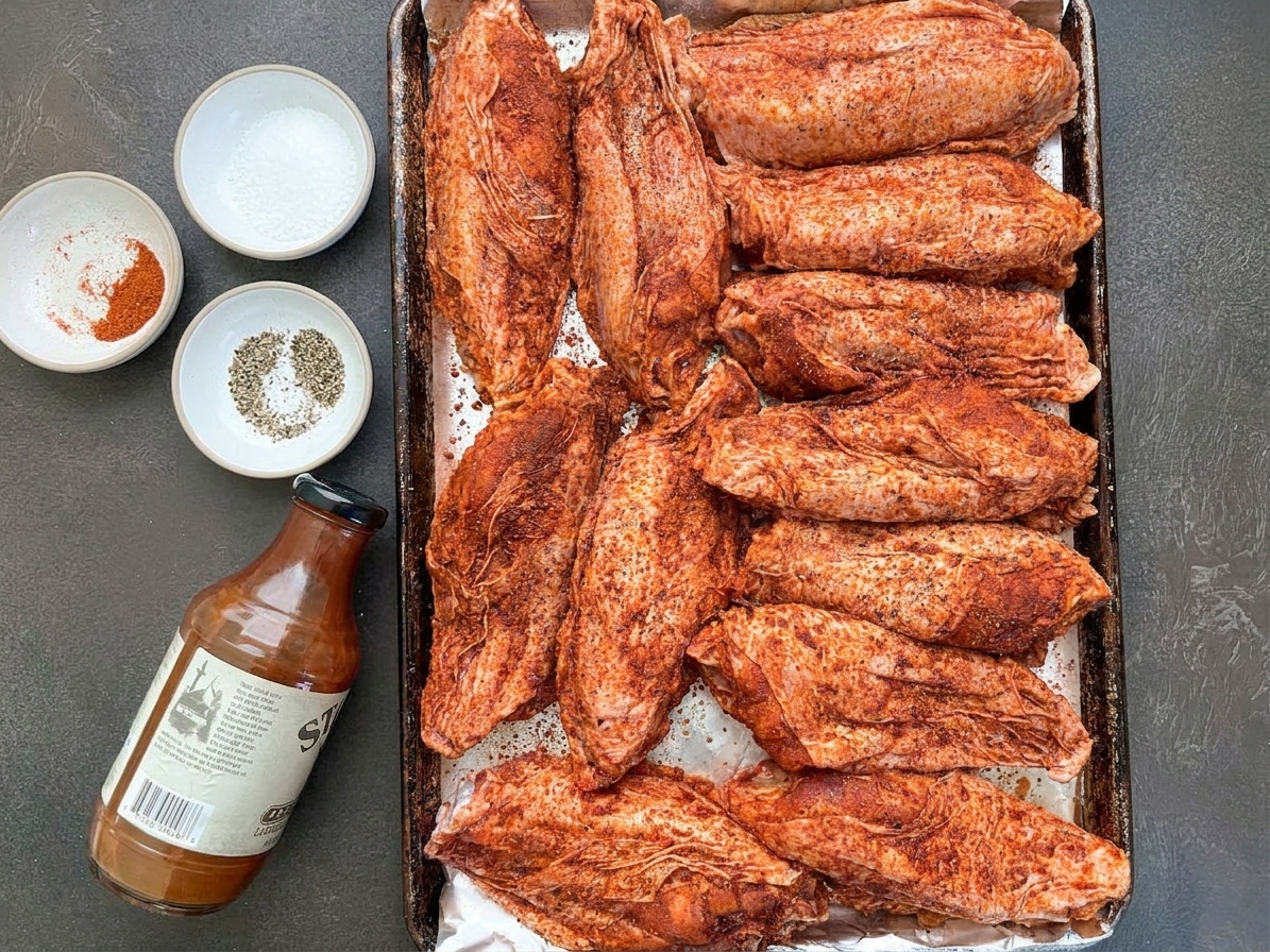 Turkey wings coated in a deep red spice rub arranged on a baking sheet, spaced apart so heat can circulate