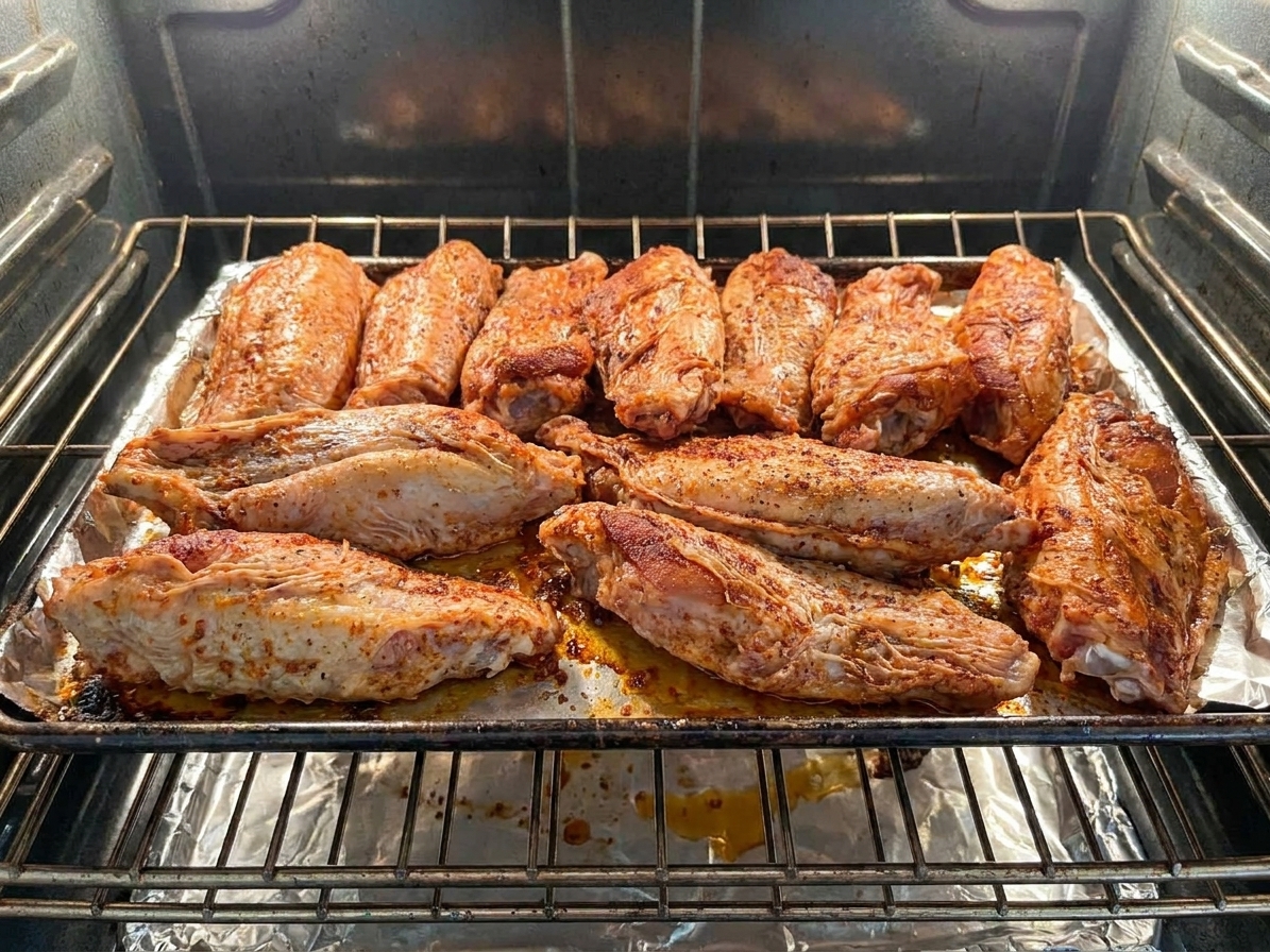 Turkey wings roasting on a wire rack set over a foil-lined baking sheet inside an oven