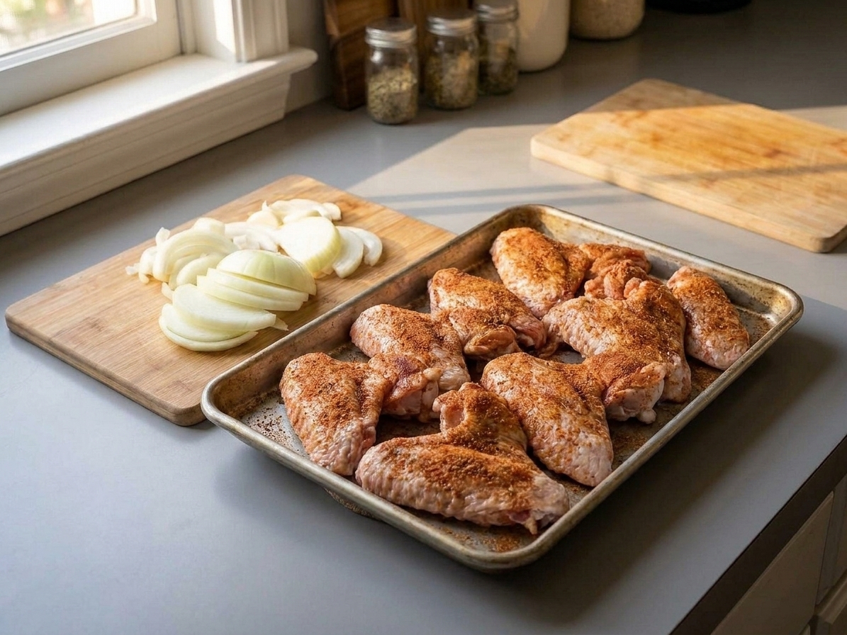 Turkey wings rubbed with spices and arranged on a rimmed tray beside sliced onions on a kitchen counter
