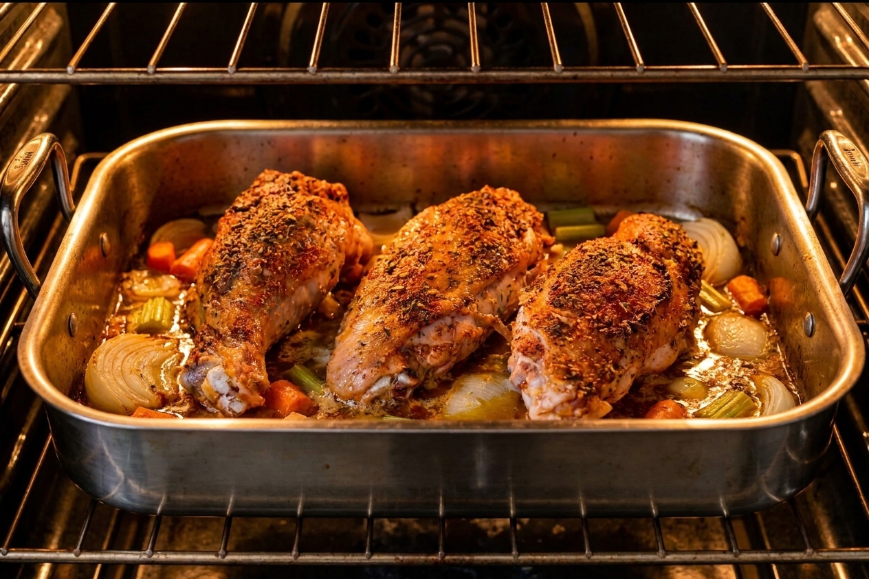 Turkey wings starting to brown in a roasting pan inside an oven with warm light