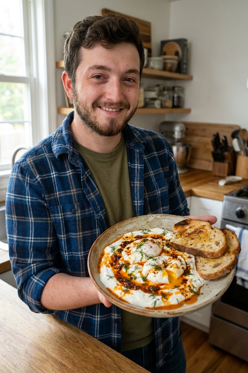 Turkish eggs (çılbır) with poached eggs on garlicky yogurt, drizzled with red chili butter and topped with fresh dill, served with toasted bread on a rustic plate