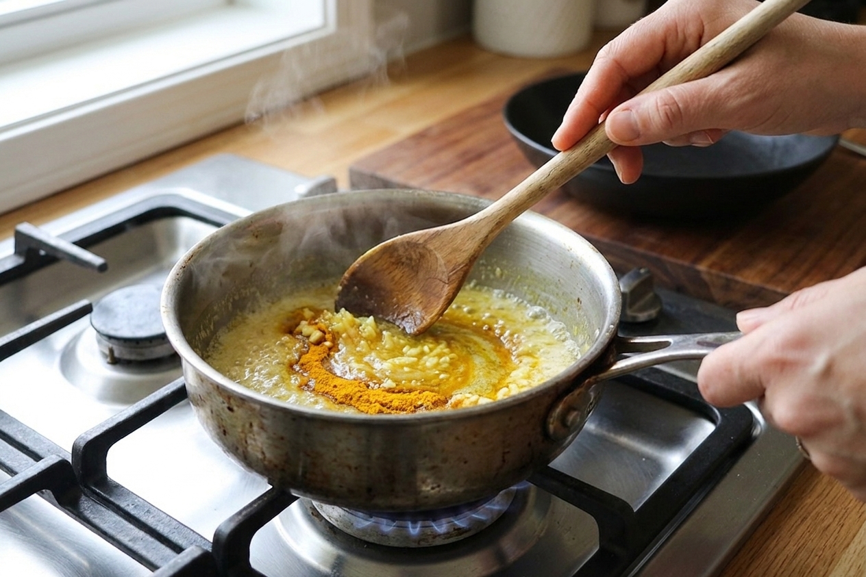 Turmeric and minced garlic being stirred into melted butter in a small saucepan on a stovetop