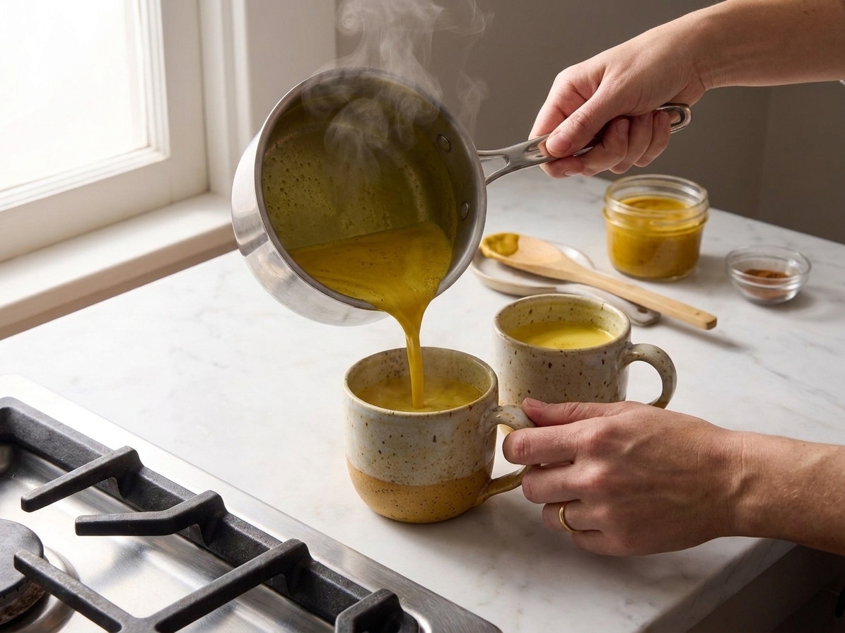 Turmeric latte being poured from a small saucepan into two ceramic mugs on a kitchen counter