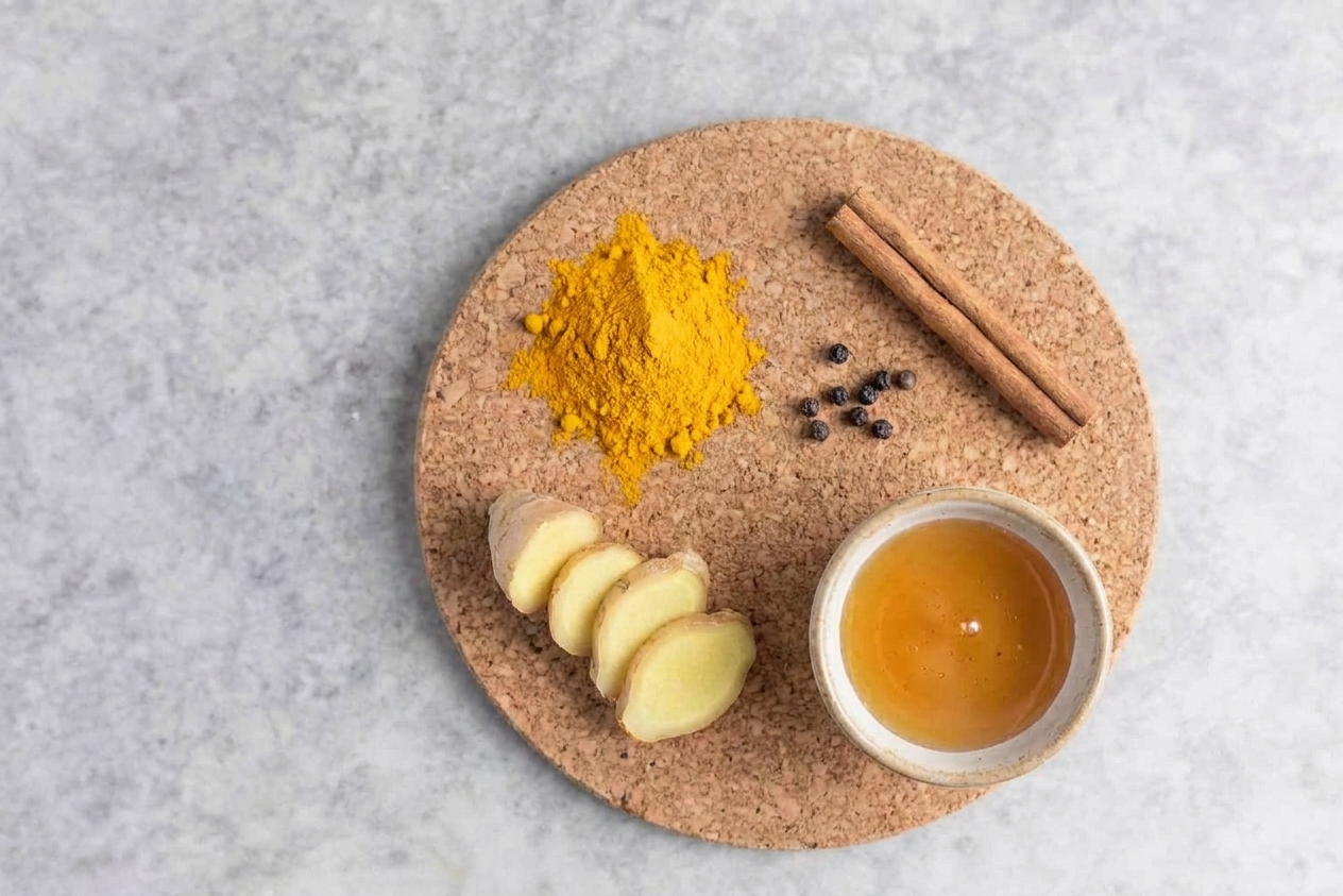 Turmeric powder, sliced fresh ginger, a cinnamon stick, black pepper, and honey arranged on a kitchen counter