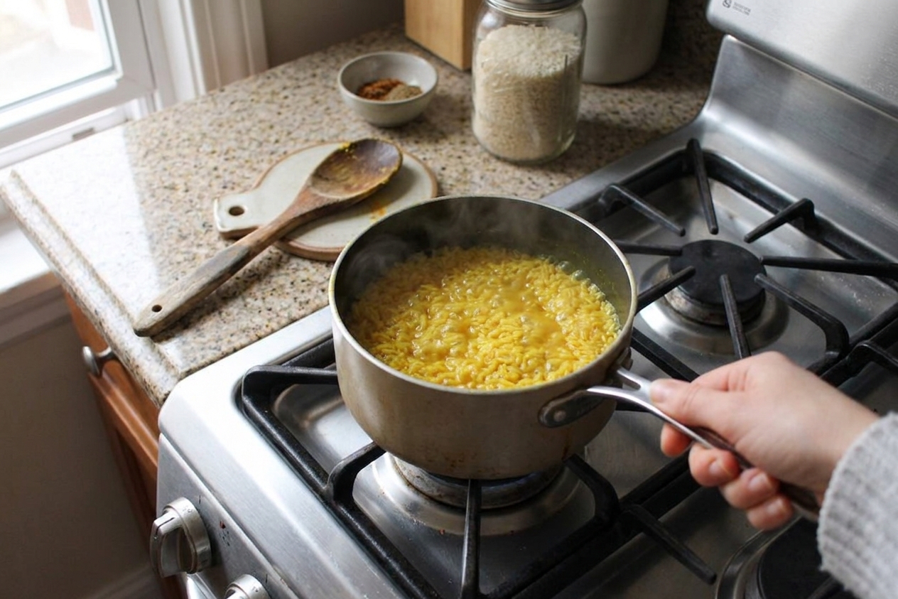 Turmeric rice simmering in a small saucepan on a stovetop with a wooden spoon resting nearby