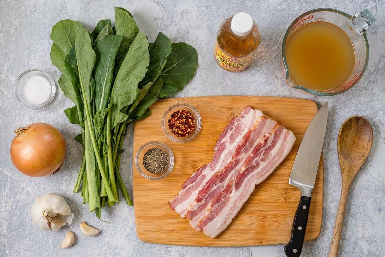 Turnip greens, bacon, onion, garlic, chicken broth, apple cider vinegar, and spices arranged on a clean kitchen counter in soft natural light