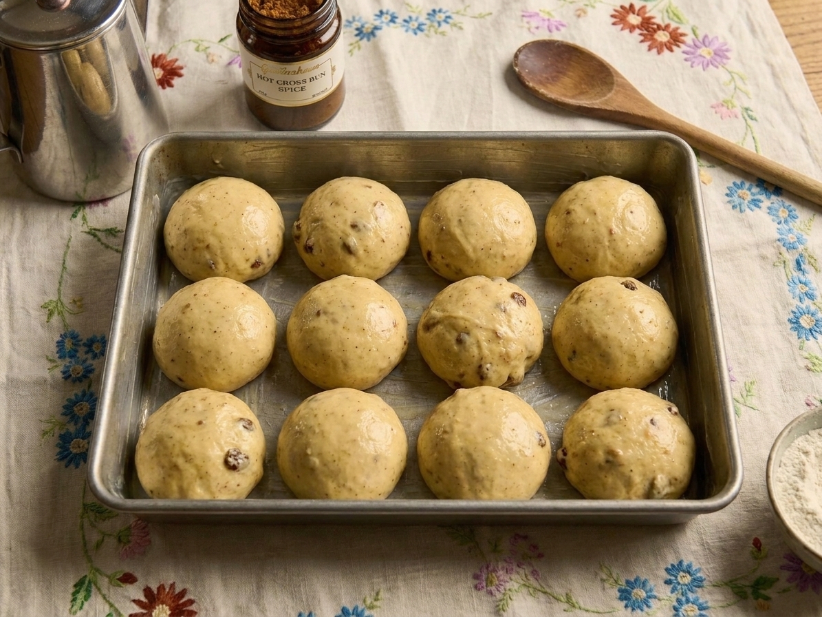 Twelve smooth dough balls arranged evenly in a greased 9x13-inch baking pan before the second rise