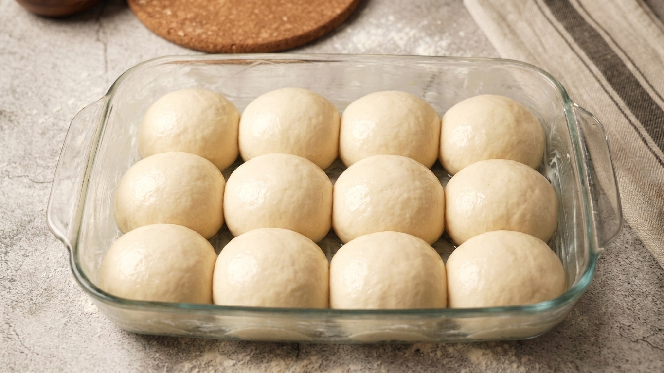 Twelve smooth dough balls arranged evenly in a greased rectangular baking dish before the second rise