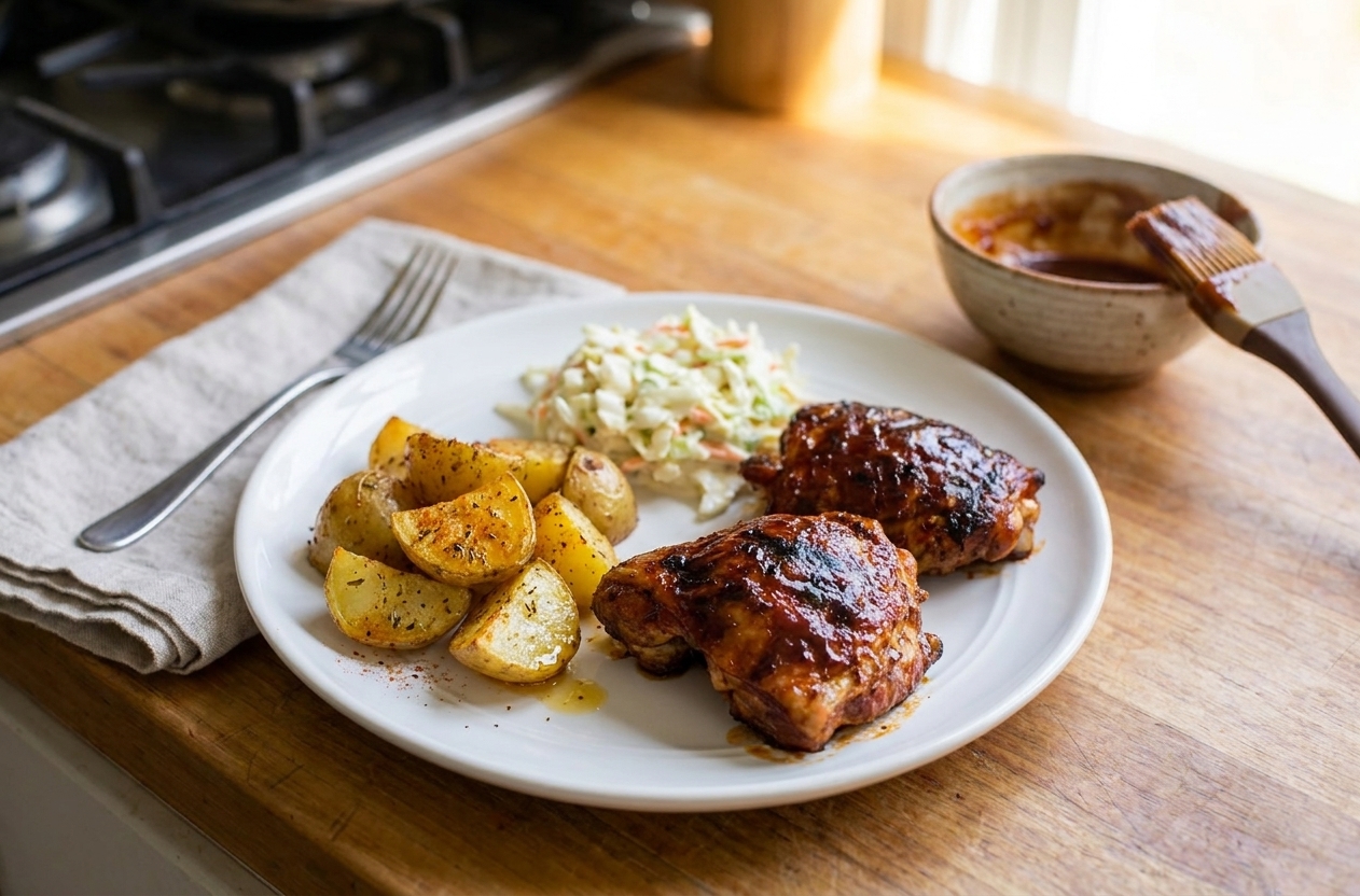 Two BBQ chicken thighs plated on a white dinner plate with coleslaw and roasted potatoes on a wooden table under warm kitchen lighting