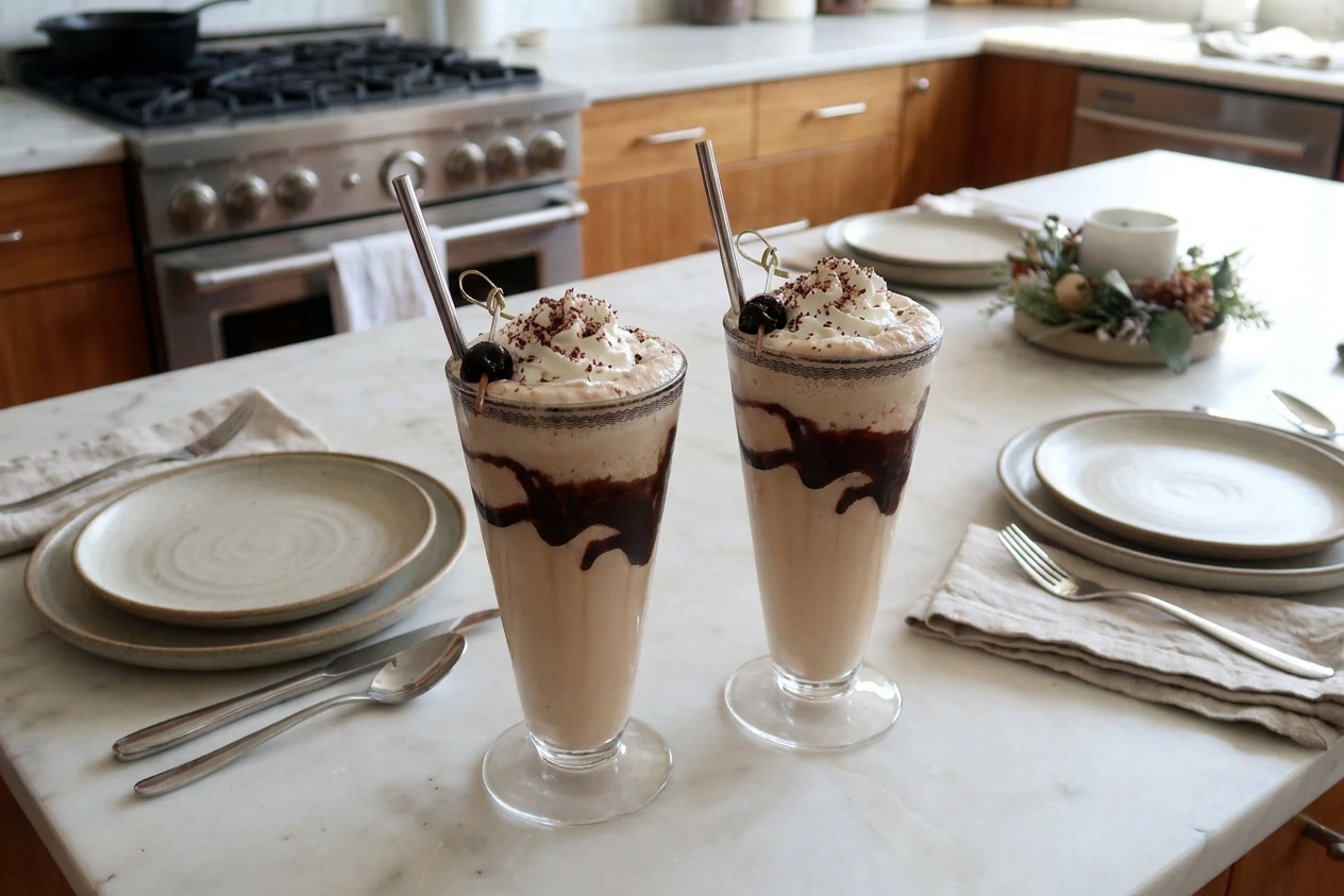 Two Bushwacker cocktails on a kitchen counter topped with whipped cream and chocolate shavings with a relaxed table setting in the background