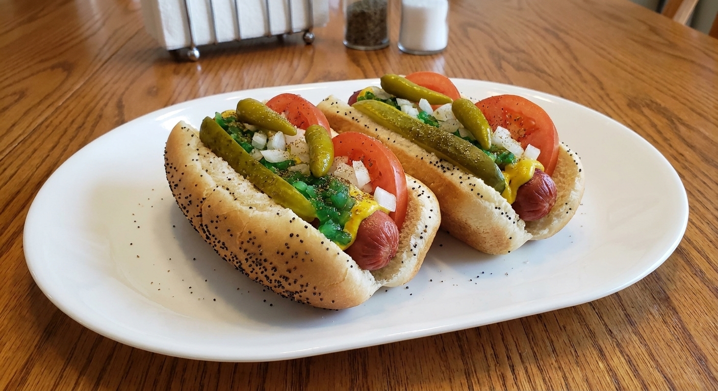 Two Chicago-style hot dogs plated on a simple white platter on a dining table, fully topped with mustard, green relish, onions, tomato wedges, pickle spears, sport peppers, and celery salt
