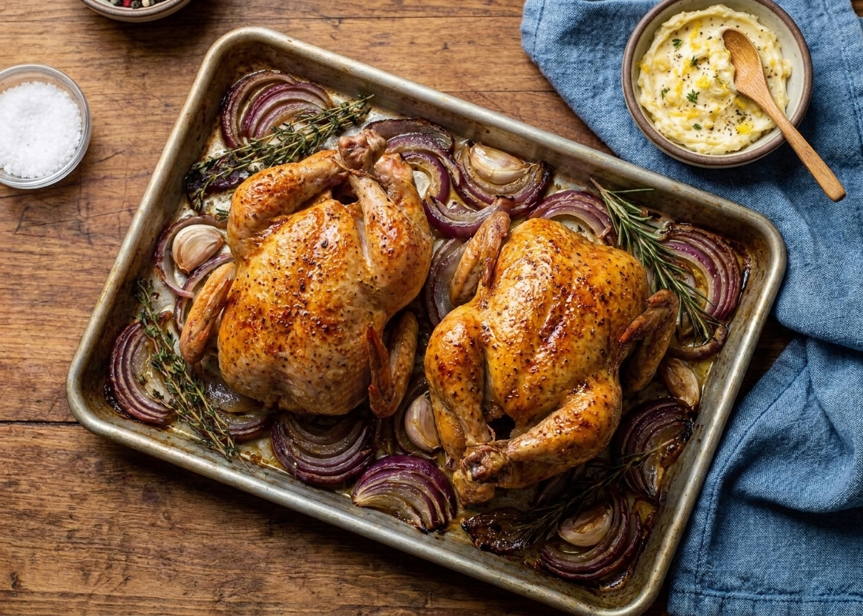 Two Cornish game hens roasting in a pan with browned skin and sliced onions underneath