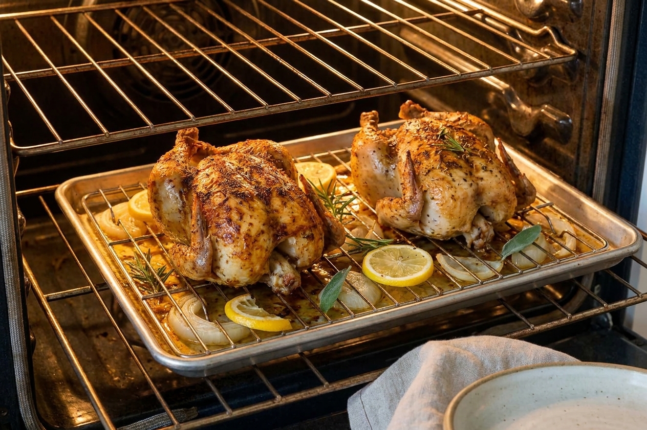 Two Cornish game hens roasting on a wire rack over a sheet pan in an oven with golden skin beginning to brown