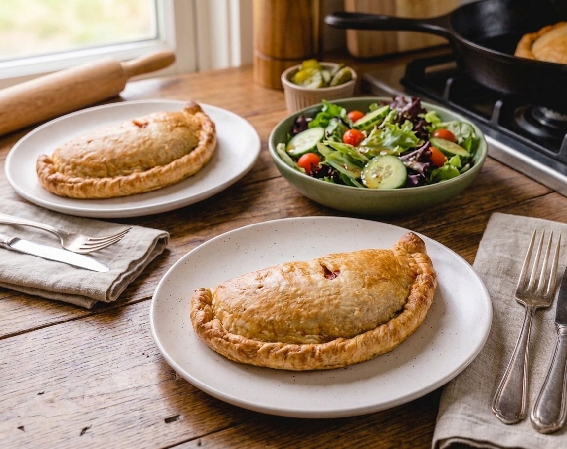 Two Cornish pasties served on plates with a simple green salad on a cozy kitchen table