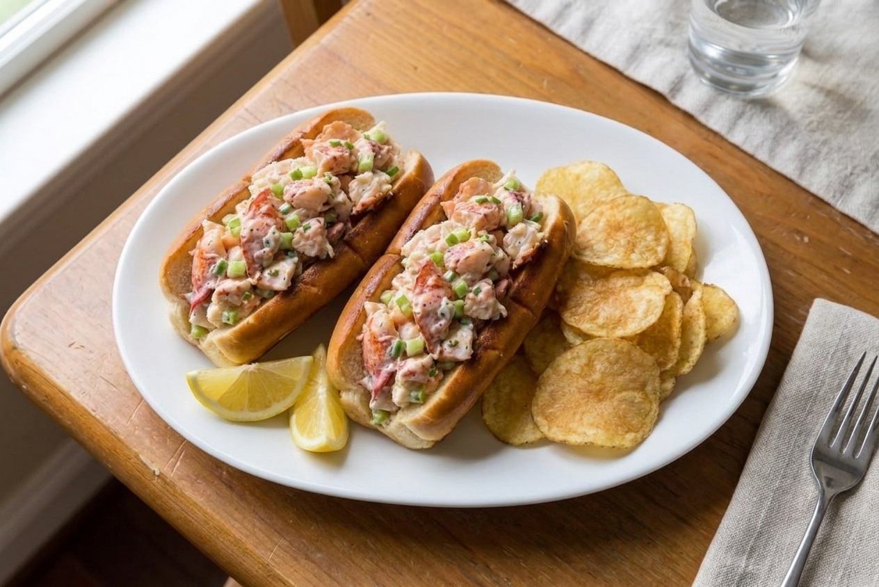 Two Maine-style lobster rolls stuffed with chilled lobster salad in toasted split-top buns on a white platter with lemon wedges and kettle chips on a sunlit kitchen table