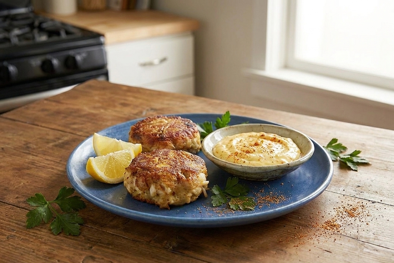 Two Maryland crab cakes plated with lemon wedges and a small bowl of Old Bay lemon mayo on a dinner table