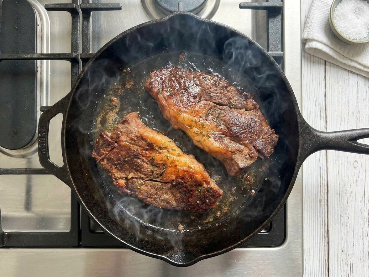 Two NY strip steaks searing in a hot cast iron skillet with a deep brown crust forming, cooking on a stovetop