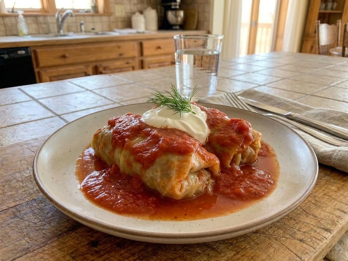 Two Polish stuffed cabbage rolls plated with tomato sauce, a dollop of sour cream, and fresh dill on a simple dinner plate at a kitchen table