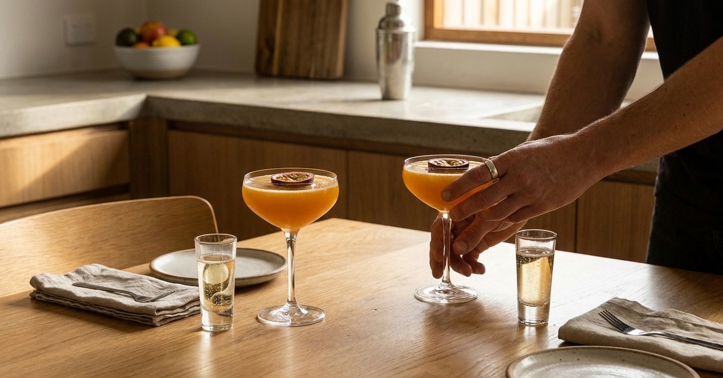 Two Pornstar Martinis in coupe glasses with a passion fruit garnish, each served with a small sidecar glass of sparkling wine on a simple table setting