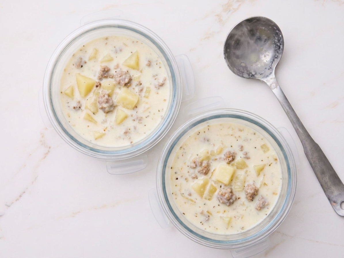 Two airtight glass containers filled with creamy sausage and potato soup cooling on a kitchen counter next to a ladle