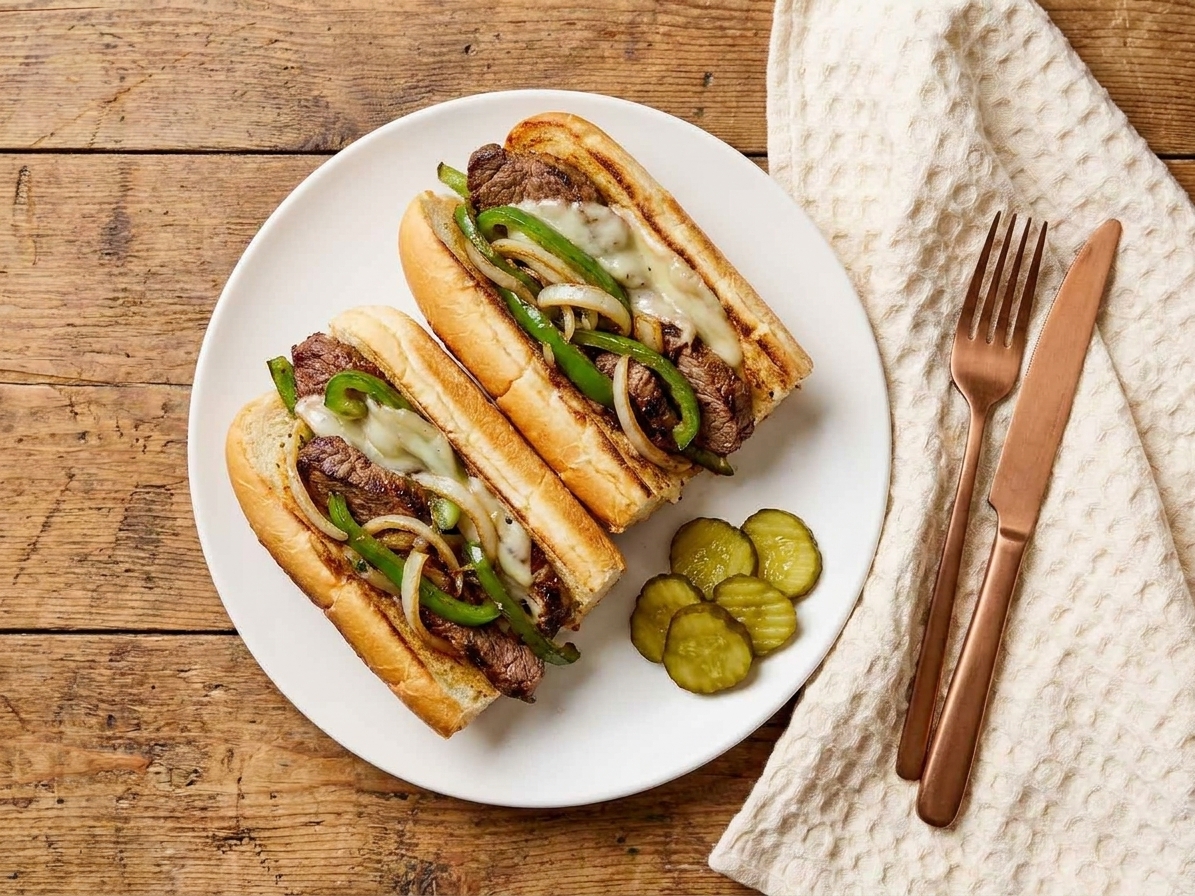 Two assembled cheese steak sandwiches on a plate with pickles on the side on a wooden kitchen table