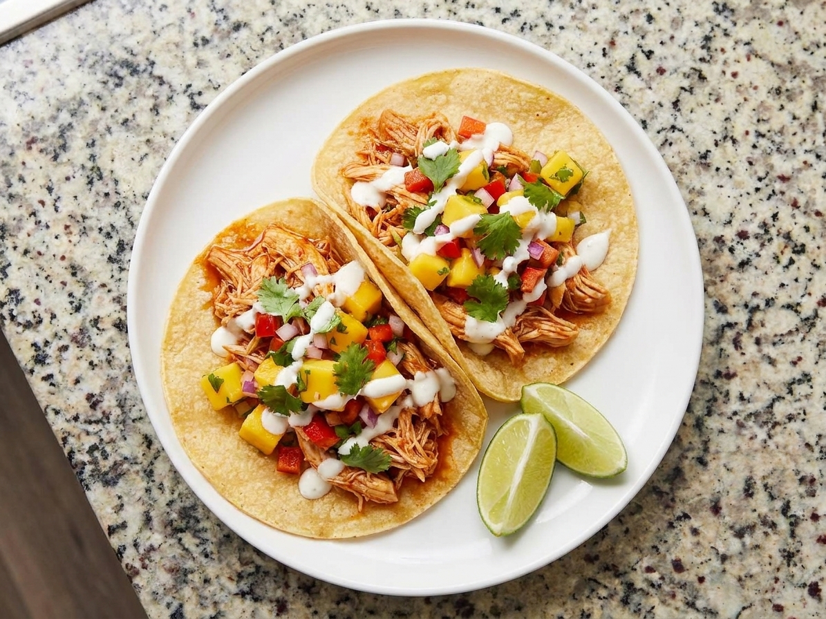 Two assembled chicken tacos on a plate topped with mango salsa and a drizzle of lime crema with lime wedges on the side