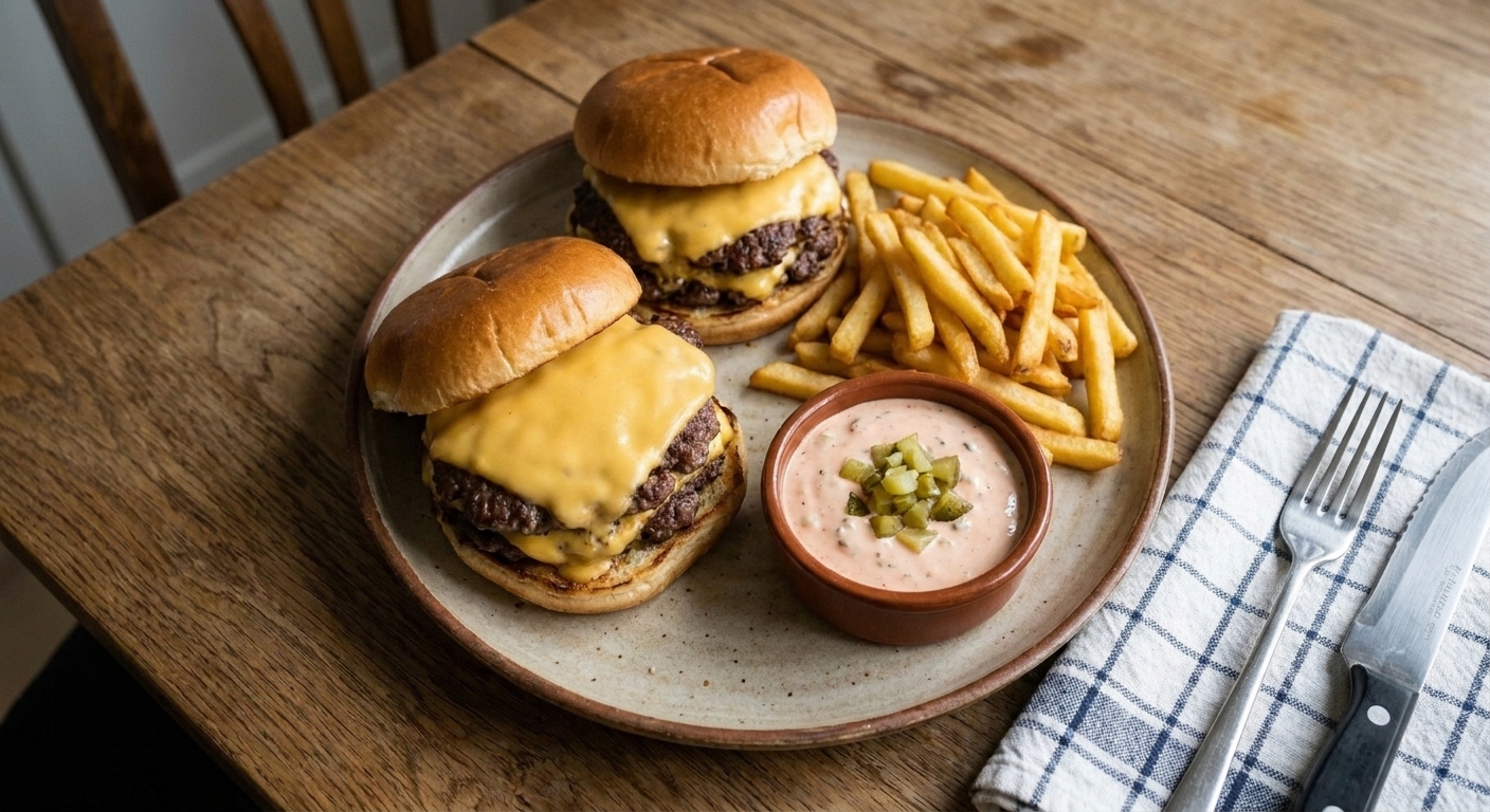 Two assembled double smash burgers on a plate with a pile of fries and a small ramekin of burger sauce on a simple dinner table setting