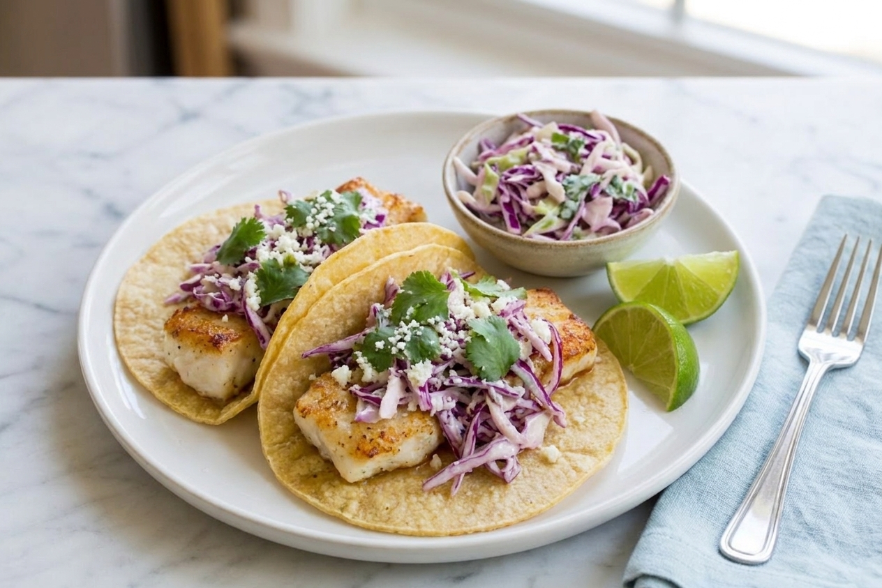 Two assembled fish tacos on a plate with creamy coleslaw, lime wedges, and a simple table setting