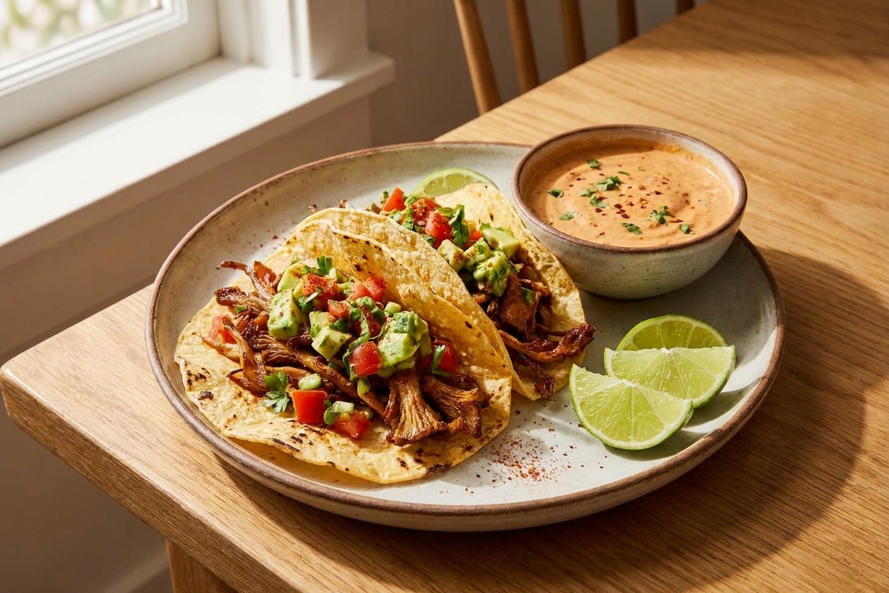 Two assembled oyster mushroom tacos on a ceramic plate with lime wedges and a small bowl of extra smoky sauce on a dining table