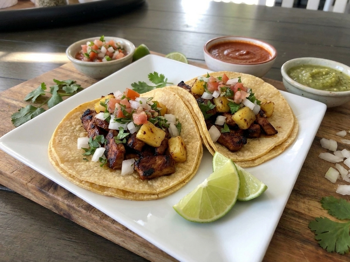 Two assembled pastor tacos on a plate with onion and cilantro, lime wedges, and salsa bowls on a casual kitchen table setting