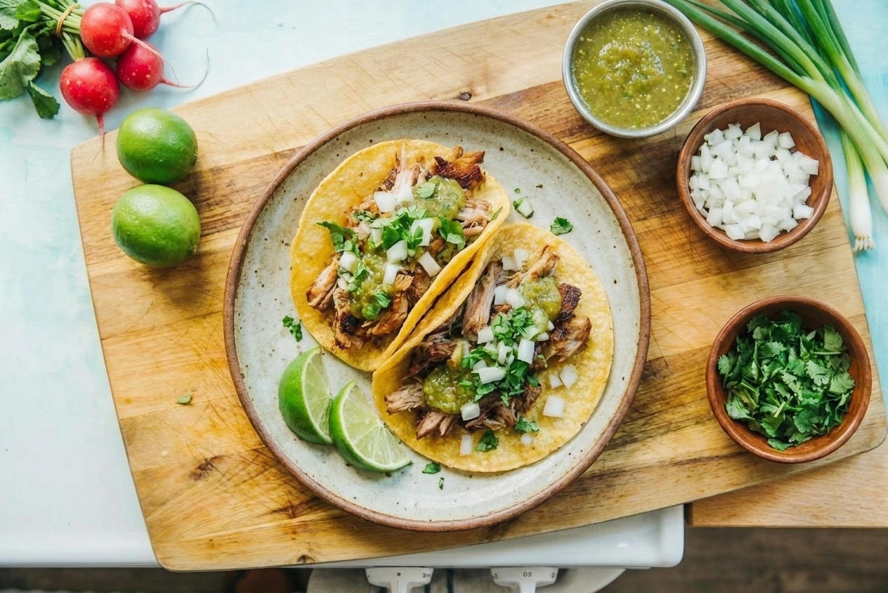 Two assembled pork tacos on a plate topped with salsa verde, diced onion, and cilantro with lime wedges on the side