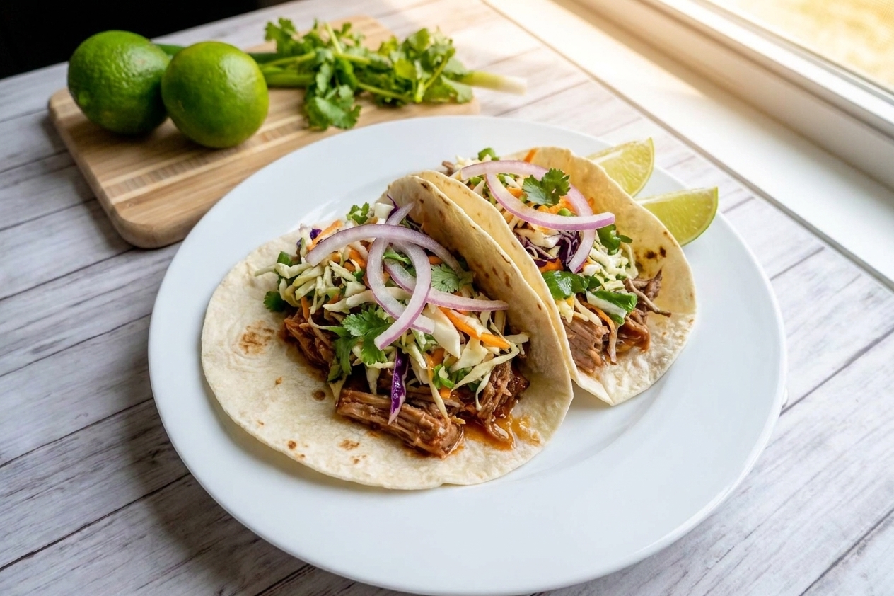 Two assembled pulled pork tacos on a plate topped with crunchy lime slaw and sliced red onion on a wooden table in warm light