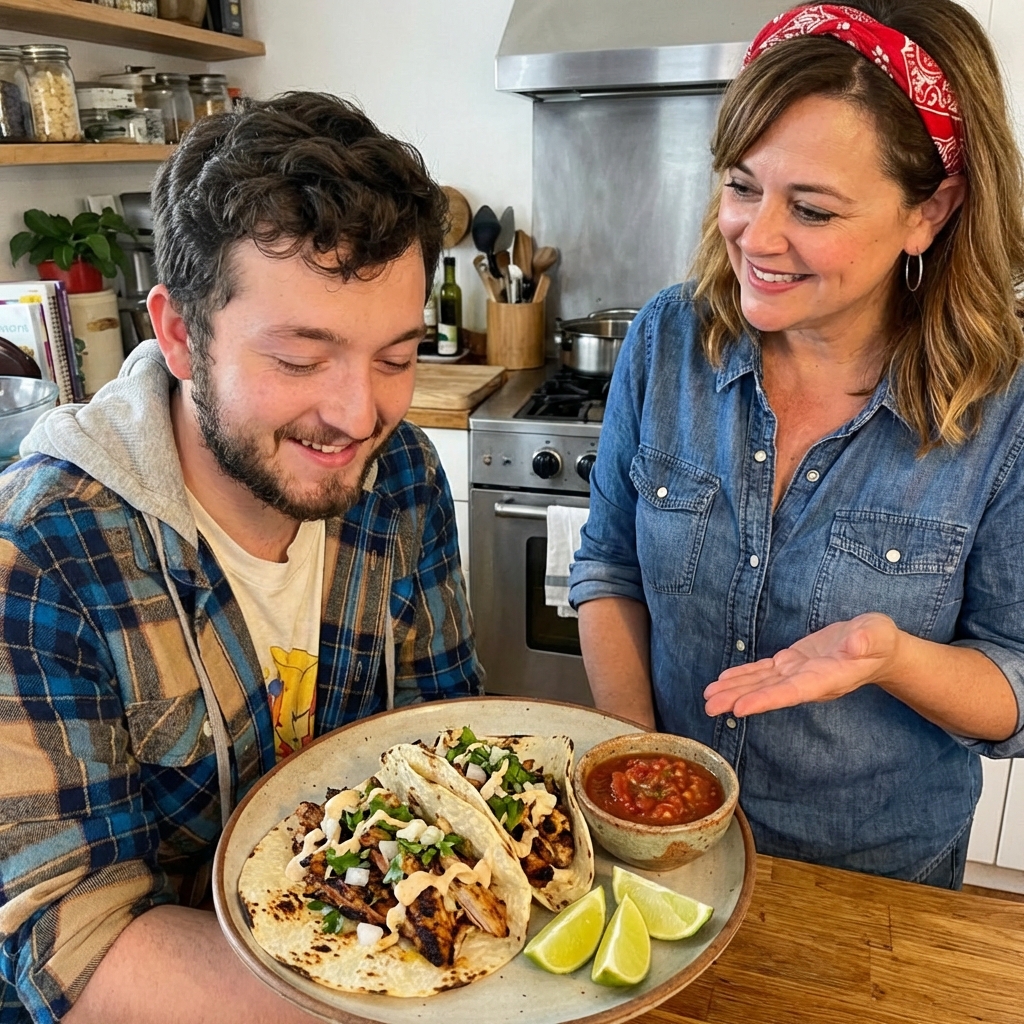 Two assembled smoky chicken tacos on a plate with lime wedges and a small bowl of salsa