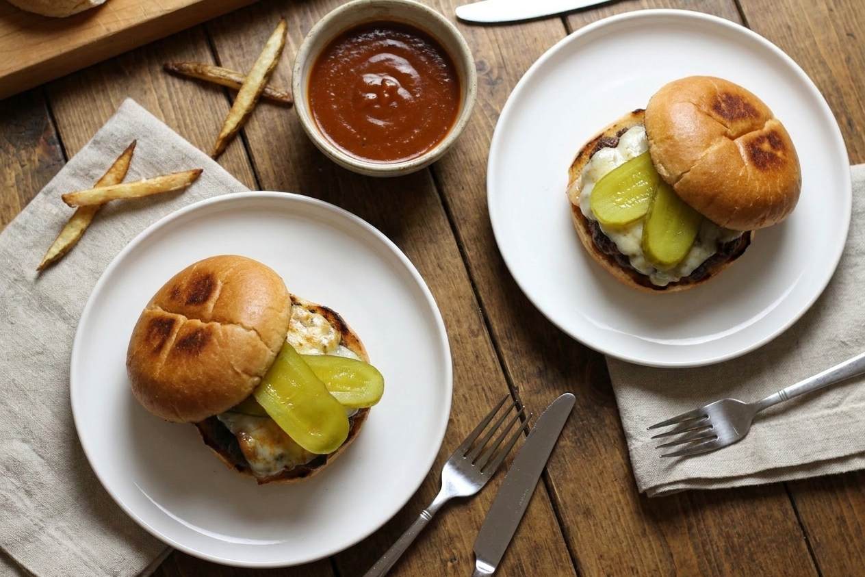 Two assembled venison burgers on plates with a simple table setting, napkins, and a small bowl of extra sauce on a wooden dining table