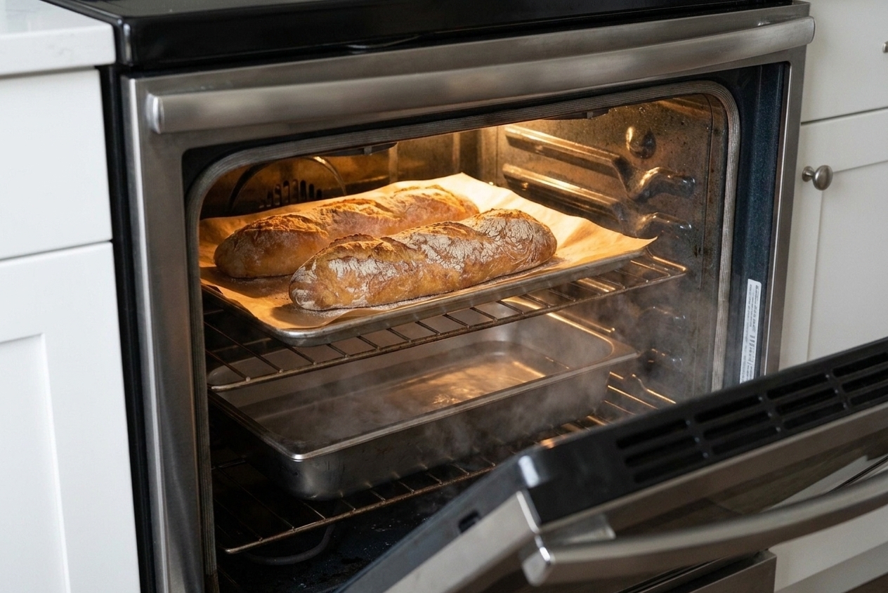 Two baguettes baking on a sheet pan in a home oven with a metal steam pan on the lower rack