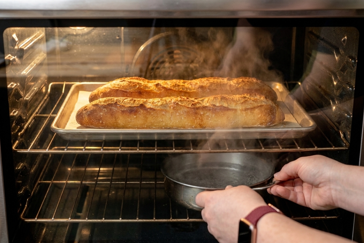 Two baguettes baking on a sheet pan in a hot oven with a small metal pan below used for creating steam