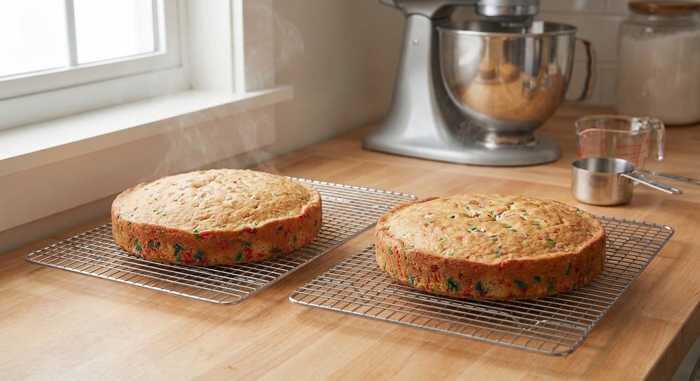 Two baked funfetti cake layers cooling on wire racks on a kitchen counter, with rainbow sprinkles visible across the cut edges