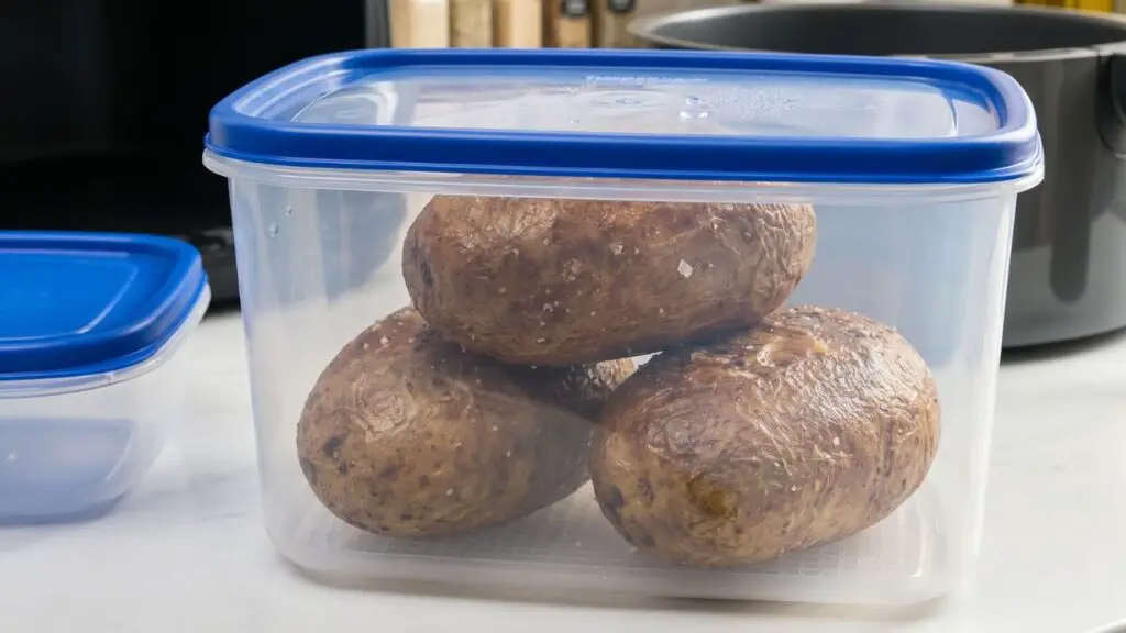 Two baked potatoes cooled and stored in a clear airtight container on a refrigerator shelf