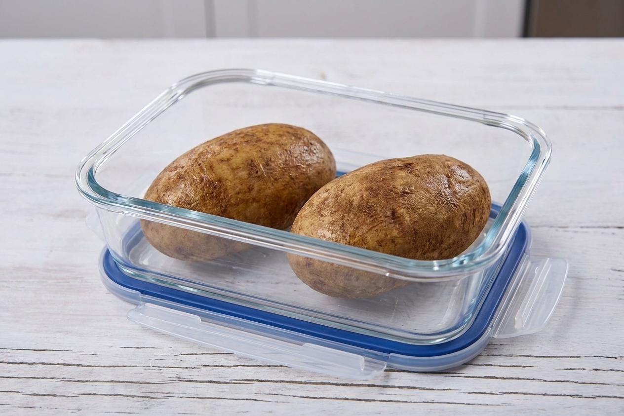 Two baked potatoes stored in a clear airtight container on a kitchen counter, ready for refrigeration