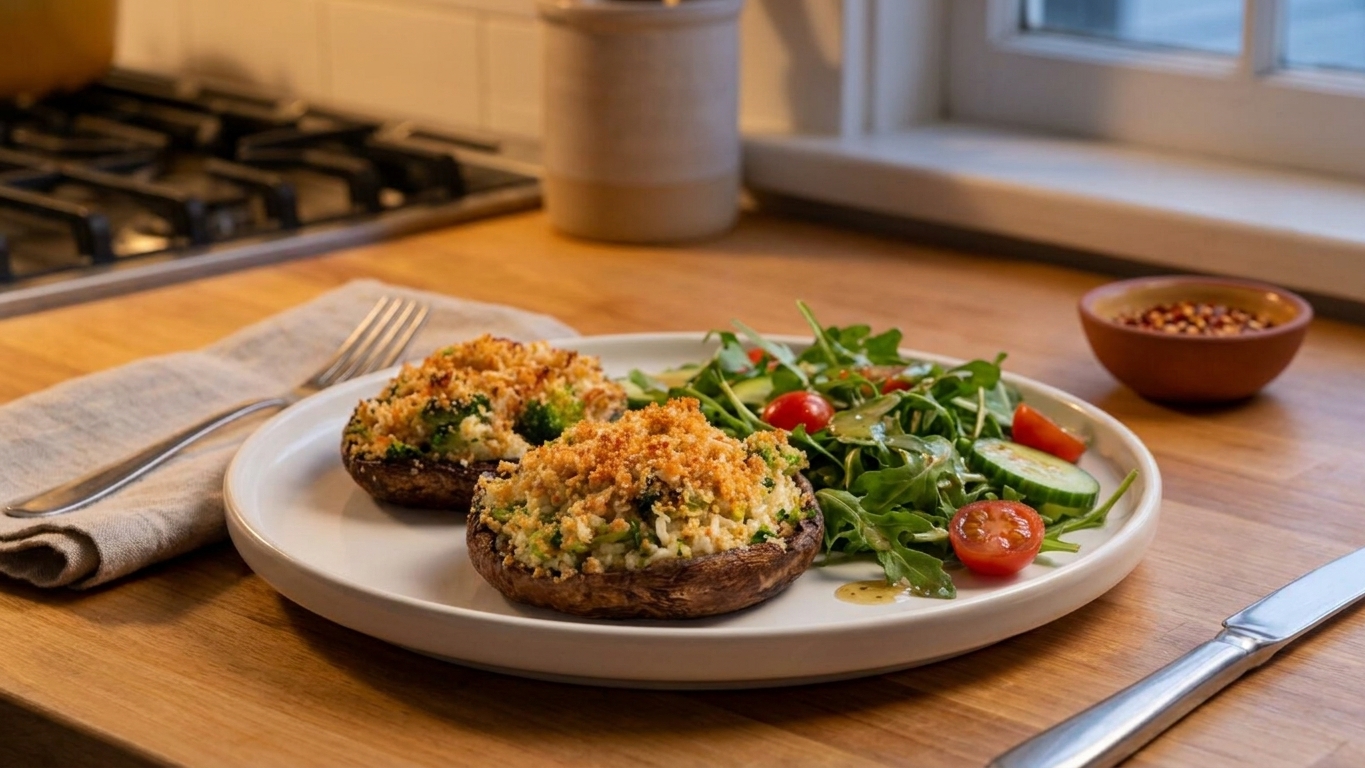 Two baked stuffed portobello mushrooms on a dinner plate with a simple green salad, set on a wooden table with soft evening light