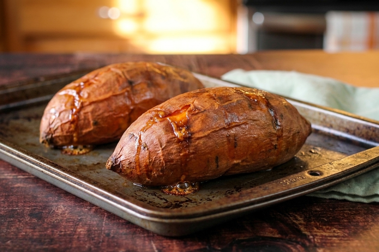 Two baked sweet potatoes on a rimmed baking sheet just pulled from the oven, skins slightly wrinkled under warm kitchen light