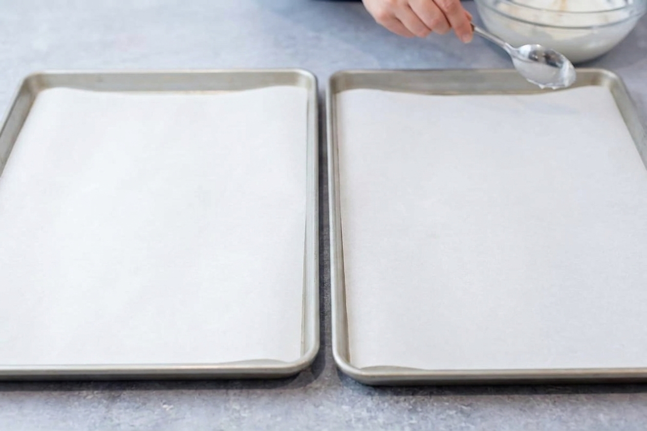Two baking sheets lined with parchment paper on a kitchen counter, ready for dropping divinity candies