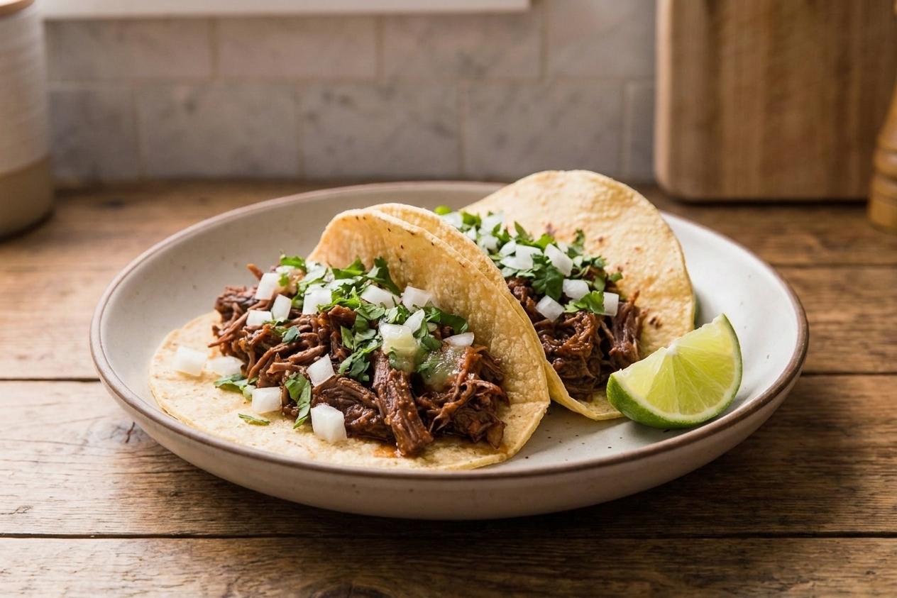 Two barbacoa tacos on a plate topped with diced onion, cilantro, and a lime wedge on the side
