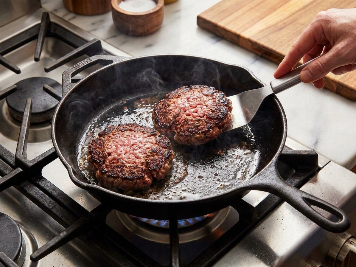 Two beef burger patties searing in a cast iron skillet with browned edges on a stovetop in warm kitchen lighting
