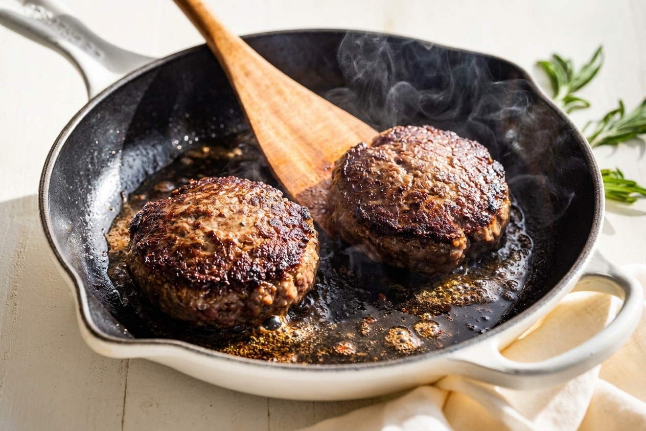 Two beef burger patties searing in a cast iron skillet with browned crust forming on the edges